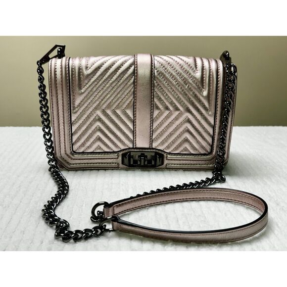 REBECCA MINKOFF Quilted Love Crossbody Bag Pink Metallic Small - Picture 1 of 10